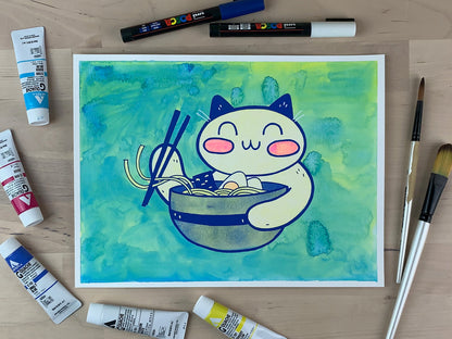 Painting of a lucky cat smiling while holding chopsticks and eating a bowl of ramen noodles.