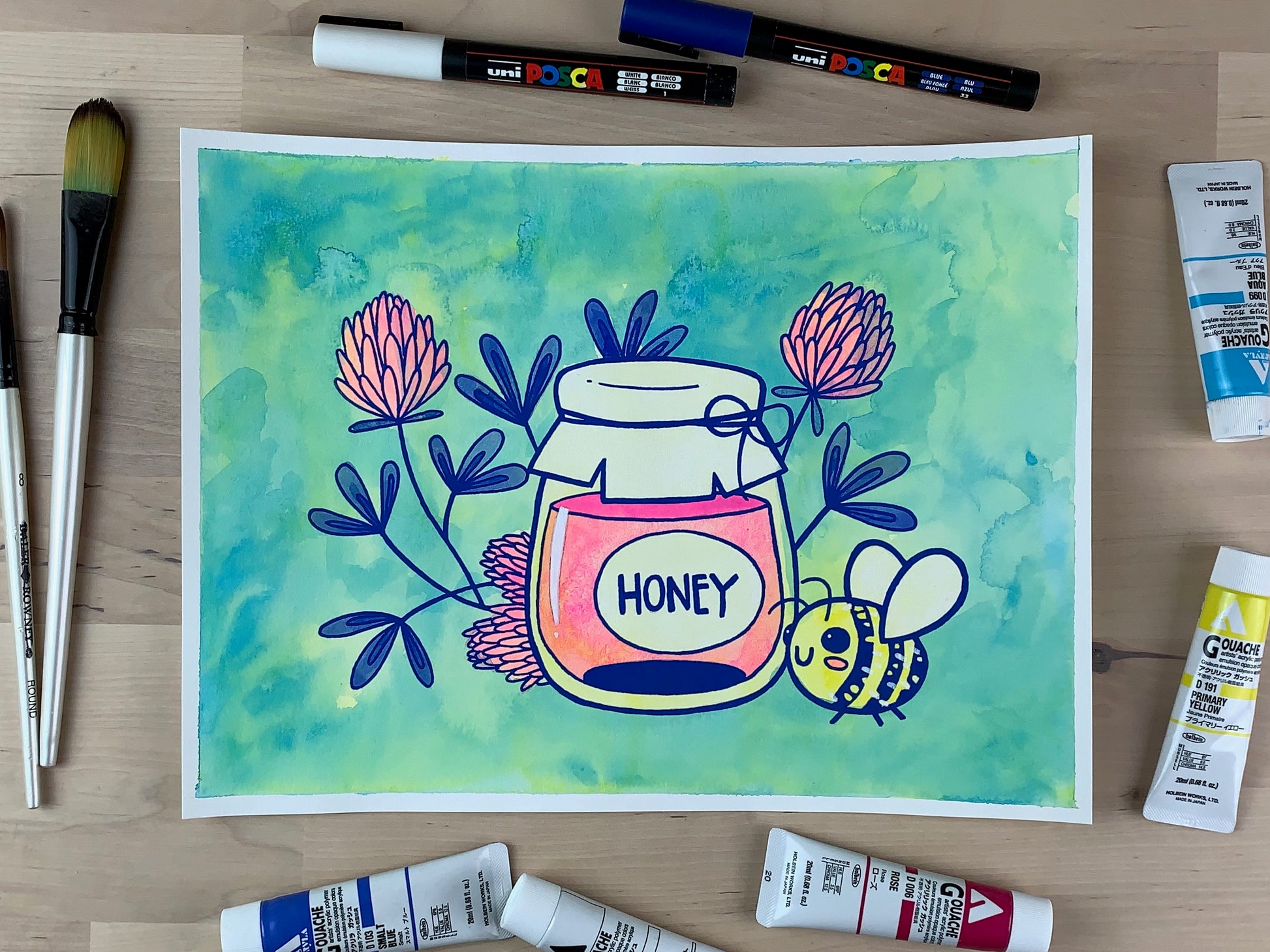Painting of a jar of honey and a happy little bumble bee with some clovers in the background.