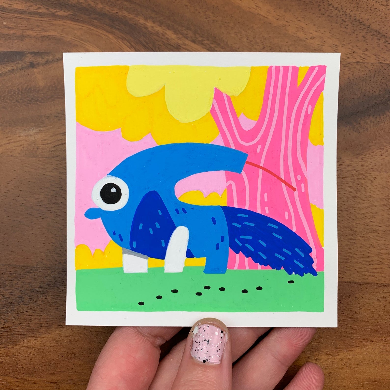 Original artwork of a cute blue anteater with his long tongue out. Materials used: Uni-Posca paint markers.