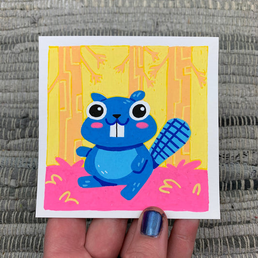Original artwork of a cute blue beaver in a brightly colored pink and yellow forest. Materials used: Uni-Posca paint markers.