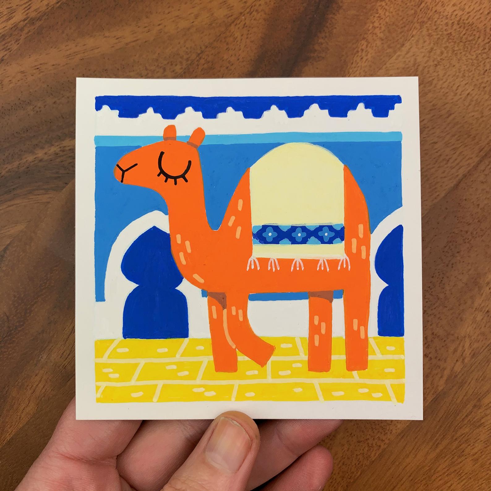 Original artwork of a cute camel in a blue Morroccan palace. Materials used: Uni-Posca paint markers.