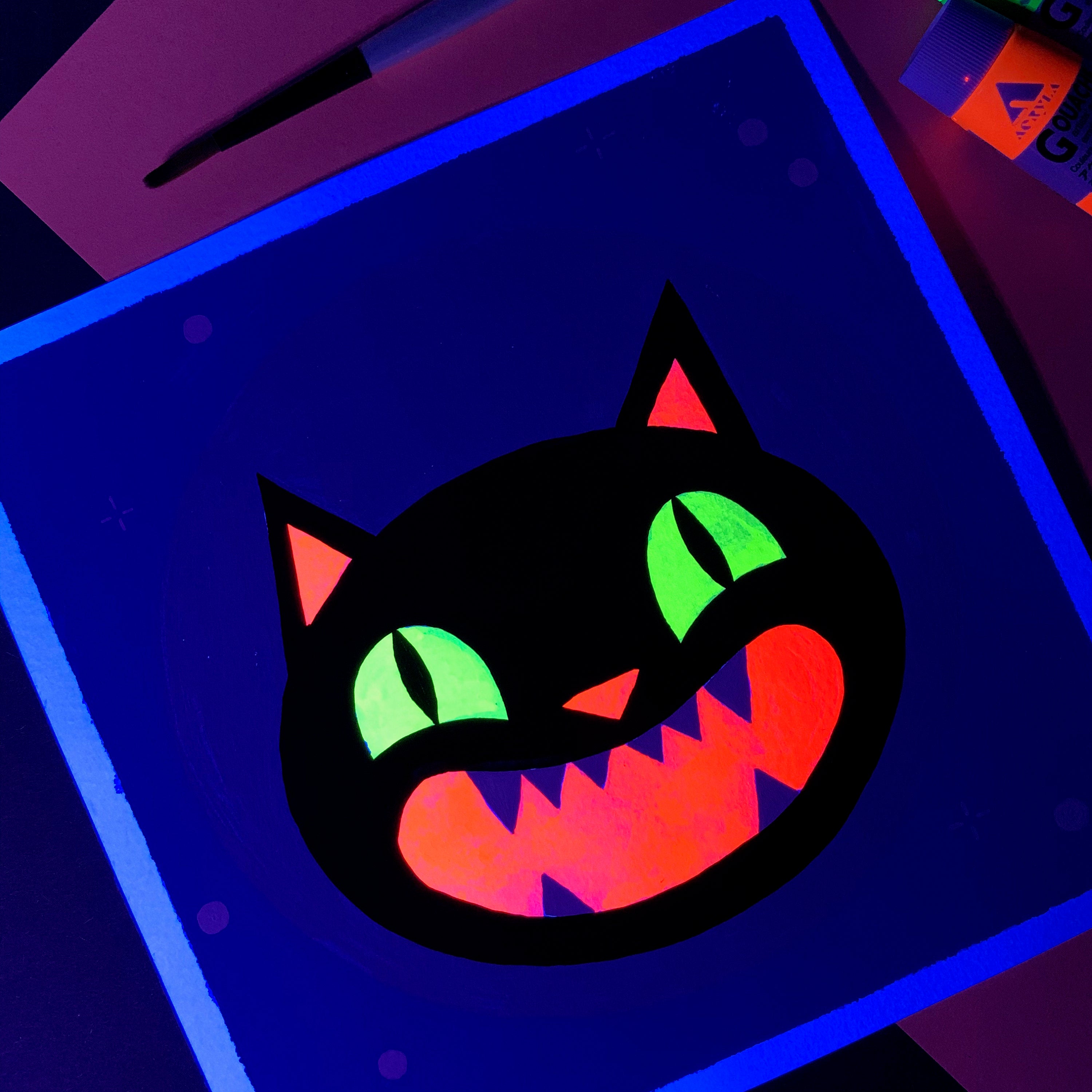"Black Cat" Original Artwork | UV Reactive Gouache Painting