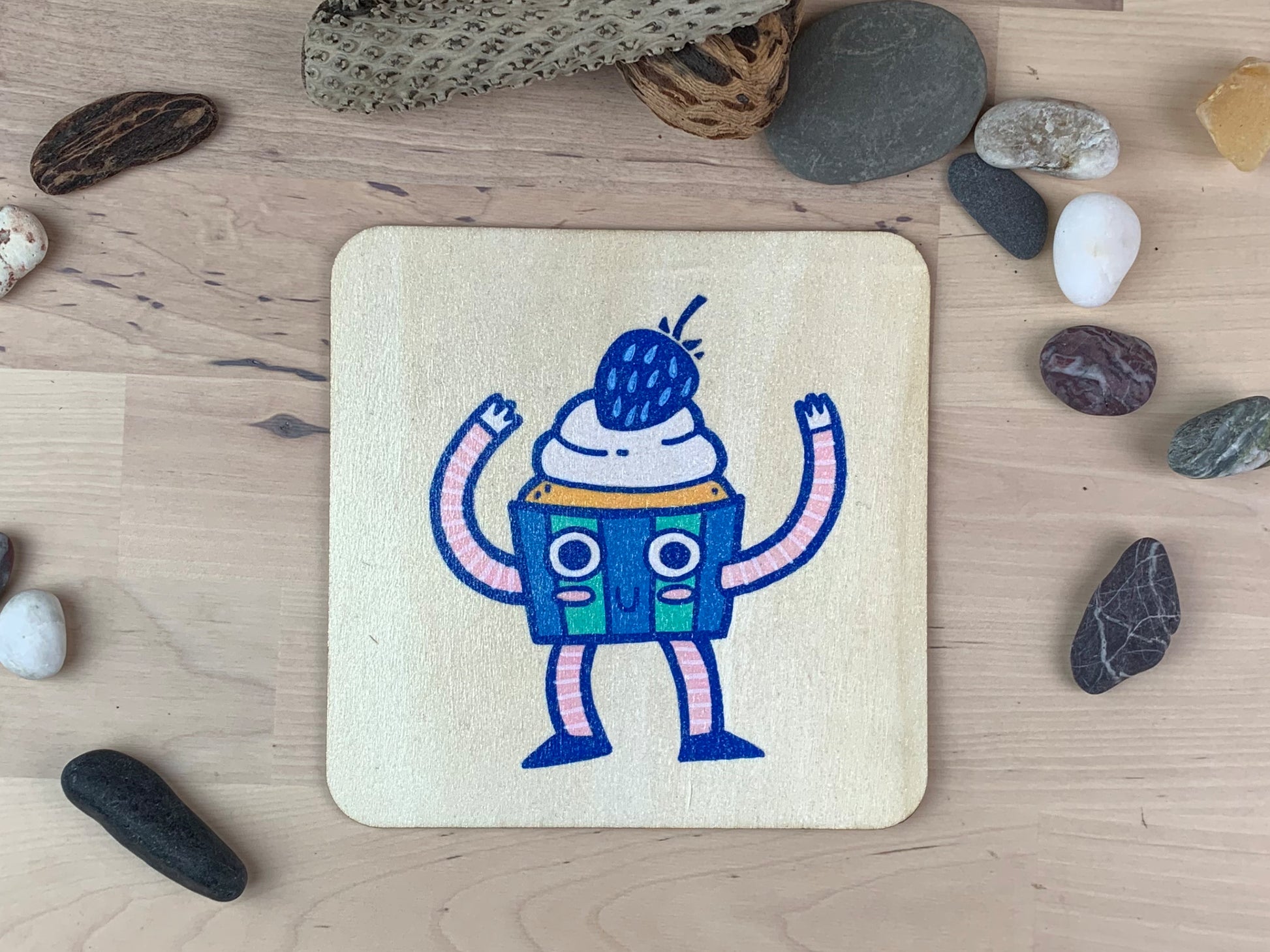 "Cupcake III" - Painting of anthropomorphic cupcakes on  6" square wood panel.