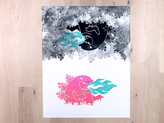Original art print by Amber Orenstein. Block printed pink and turquoise Japanese kaiju monster underneath a cloud of randomly placed black prints of the same monster.