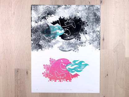 Original art print by Amber Orenstein. Block printed pink and turquoise Japanese kaiju monster underneath a cloud of randomly placed black prints of the same monster.