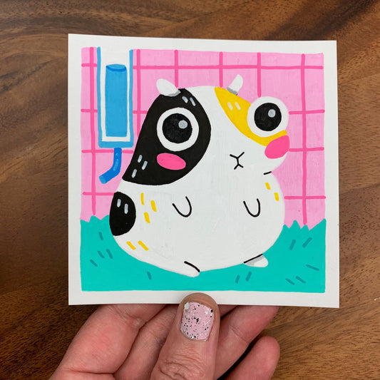 Original artwork of a cute calico guinea pig in a pink cage. Materials used: Uni-Posca paint markers.