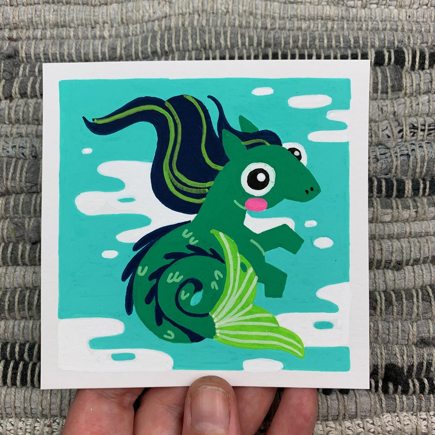 Original artwork of a cute green mythical hippocampus creature. Materials used: Uni-Posca paint markers.