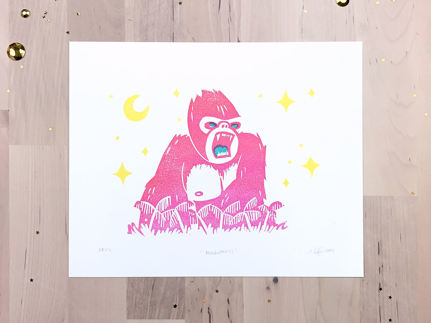 Original art print by Amber Orenstein. Relief print of a pink King Kong roaring on his jungle island home.