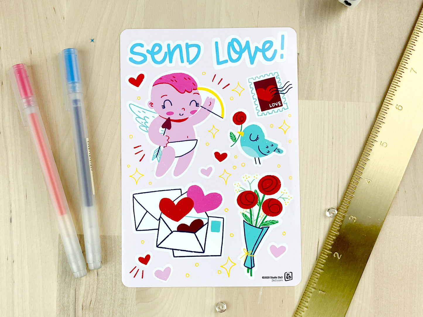 A sticker sheet with a cupid, birdie, stamp, valentine's mail, a bouquet, and some hearts.