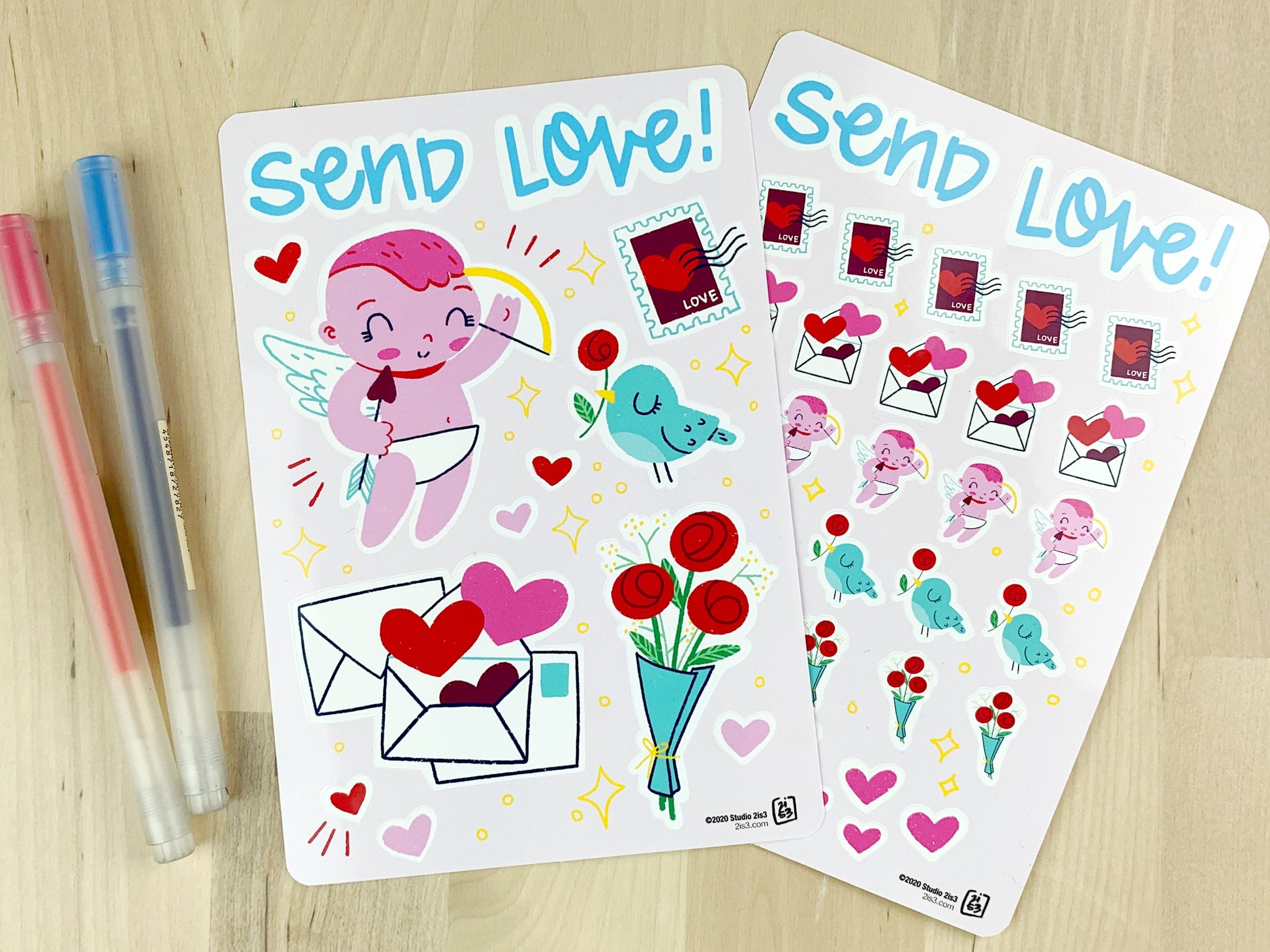 Two sticker sheets of cute little valentine's themed illustrations.