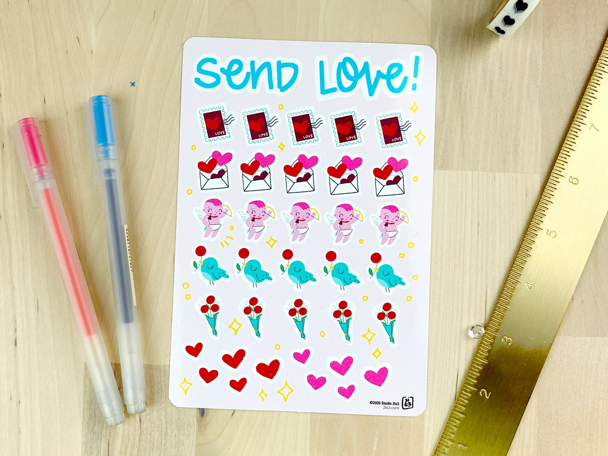A sticker sheet with a five sets of tiny cupid, birdie, stamp, valentine's mail, bouquet, and hearts.