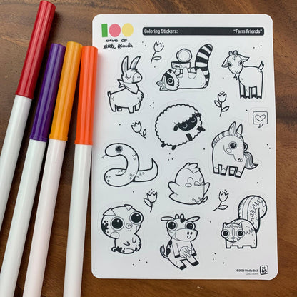 Markers and a sticker sheet with 10 little animal stickers on it. A Llama, Raccoon, Goat, Sheep, Snake, Chicken, Horse, Pig, Cow, and Skunk.