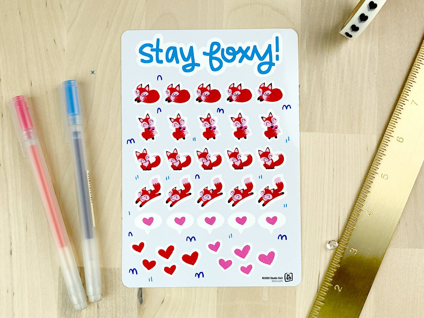 Mini sized stickers 5 of each four fox illustrations and some hearts.
