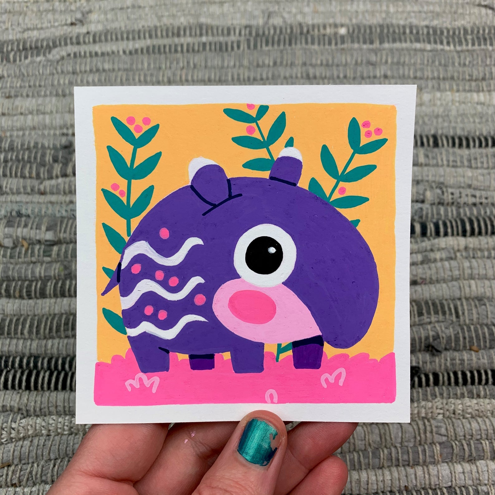 Original artwork of a cute purple tapir with some flowery plants. Materials used: Uni-Posca paint markers.