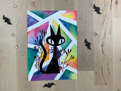 Original artwork depicting a colorful geometric watercolor and gouache painting of a black cat.