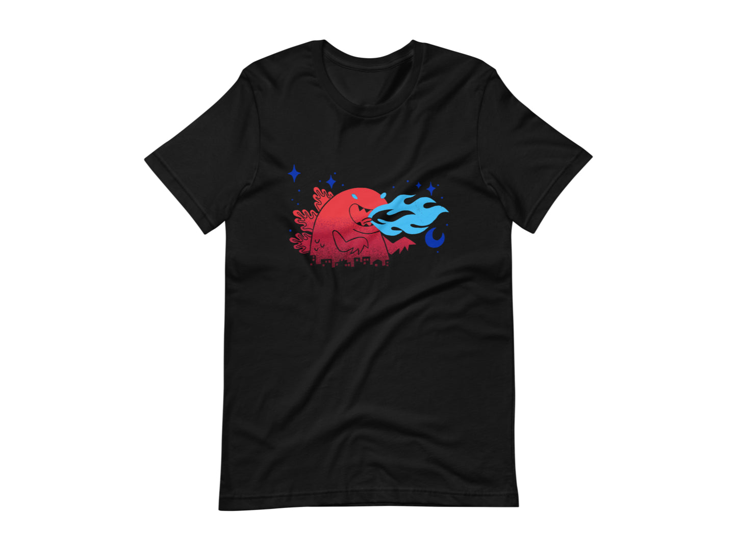 T-shirt with block print style art by Amber Orenstein. Black shirt with a red godzilla, blue stars, and light blue flames coming from his mouth.