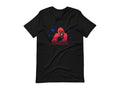 T-shirt with block print style art by Amber Orenstein.  Black shirt with red King Kong, blue stars, and light blue eyes/tongue.