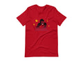 T-shirt with block print style art by Amber Orenstein.  Black shirt with black King Kong, yellow stars, and white eyes/tongue.
